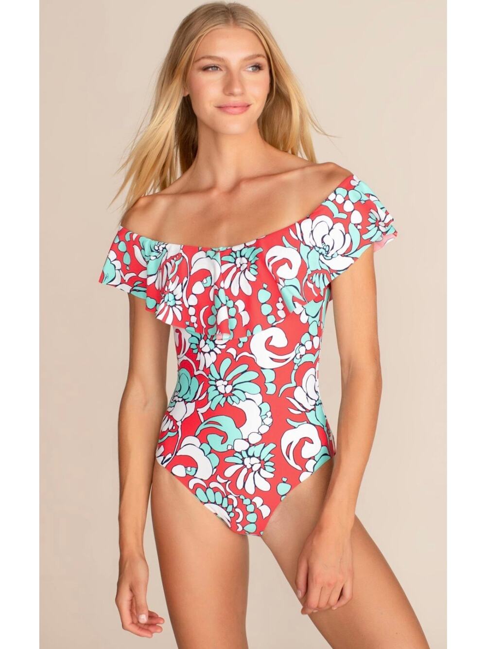 Trina Turk NEW Garden Bloom Off the Shoulder Poppy Orange One Piece Swim size 2